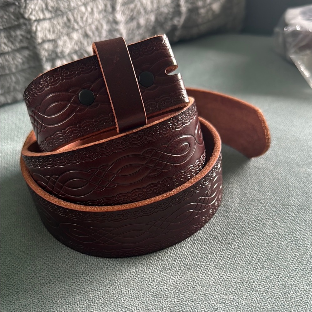 Dark Brown Tooled Leather Belt with Floral Design